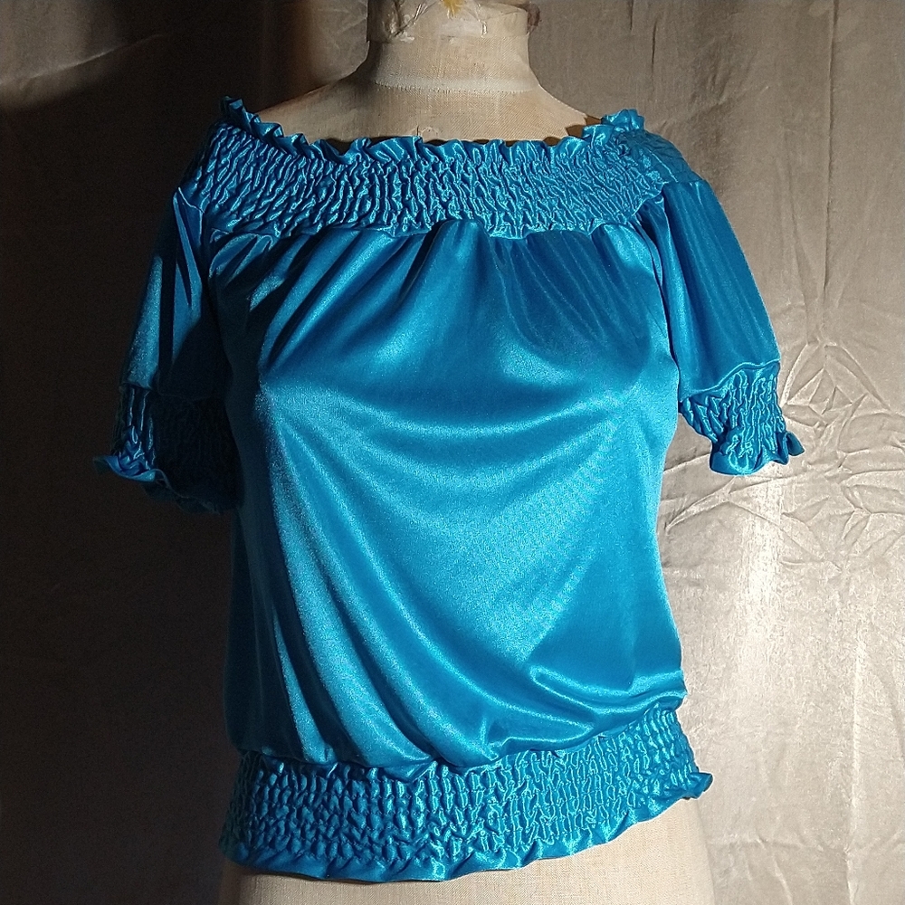 Vintage 90s Blue Satin Shirred/smocked Poof Sleeved Peasant Top. Shirt has elast